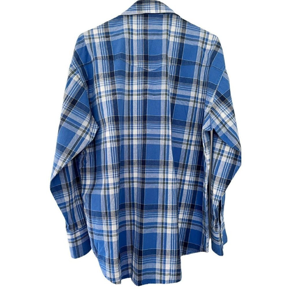 Wrangler Western Shirts Men's Sz L Blue White Plaid Pearl Snap Long Sleeve Shirt - Picture 3 of 9